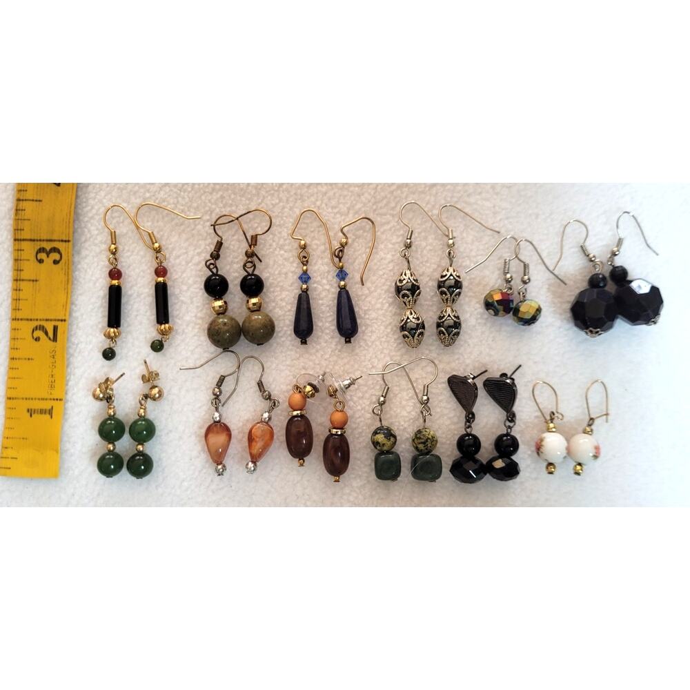 12 Pairs Pierced Earrings Lot Artisan Dangle Beaded Dark Colors